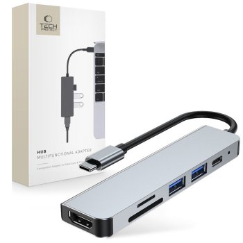 Tech-Protect USB-C hub multifunkční adaptér s porty HDMI, USB-A a slotem pro SD karty, ideální pro rozšíření připojení k MacBooku.