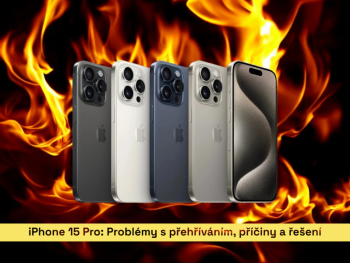 Série iPhone 15 Pro s efektem ohně v pozadí, ilustrující diskusi o přehřívání zařízení.