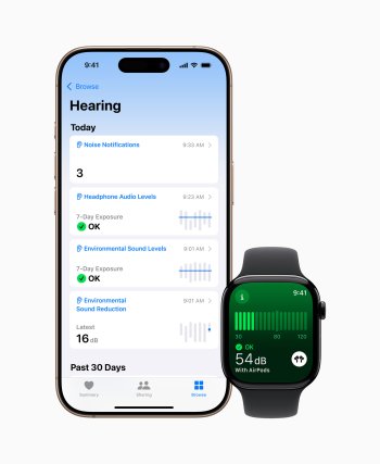 V aplikaci Zdraví na iPhonu si uživatelé mohou zobrazit podrobné informace o stavu svého sluchu v průběhu času. Uživatelé hodinek Apple Watch mohou také zjistit, kdy se při nošení sluchátek AirPods Pro sníží hladina okolního zvuku.