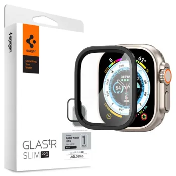 Spigen GLAStR Slim Pro pro Apple Watch Ultra 1/2 (49mm) – stylové a ultra tenké tvrzené sklo s černým rámečkem, které poskytuje maximální ochranu displeje před škrábanci a nárazy, aniž by narušovalo citlivost dotyku. Elegantní design se snadnou aplik