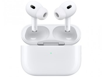 Detailní pohled na Apple AirPods Pro 2 v otevřeném nabíjecím pouzdře s výměnnými nástavci pro lepší přizpůsobení a izolaci zvuku. Kompatibilní s aktivním potlačením hluku (ANC) a MagSafe nabíjením.