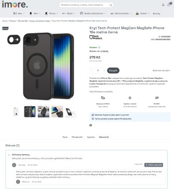 Ukázka nové funkce diskuze pod produkty na e-shopu iMore.cz, kde zákazník pokládá otázku ohledně ochrany kamery krytu pro iPhone 16e.