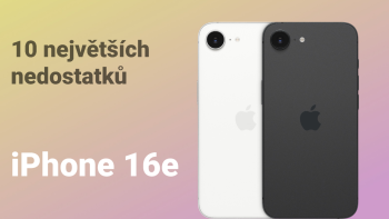 Dva modely iPhone 16e v černé a bílé barvě s textem „10 největších nedostatků iPhone 16e“