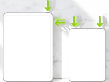 Ilustrace vynuceného restartu iPadu bez tlačítka Domů – šipky ukazující na tlačítka pro hlasitost a Napájení.