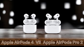 Srovnání Apple AirPods 4 a AirPods Pro 2 vedle sebe, zobrazující rozdíly v designu a funkcích, jako je aktivní potlačení hluku (ANC) a možnost výměnných nástavců u modelu Pro.