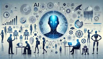Vysoce minimalistický obrázek zobrazující budoucnost AI a ChatGPT, s prvky jako pokročilá technologie, hologramy a roboti interagující s lidmi.