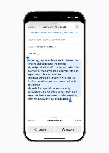 Apple Intelligence přináší nové možnosti vylepšení psaného textu a zjednodušení komunikace. S nástroji Writing Tools mohou uživatelé snadno přepisovat, kontrolovat a shrnovat text v aplikacích jako Mail, Poznámky, Pages či aplikacích třetích stran.