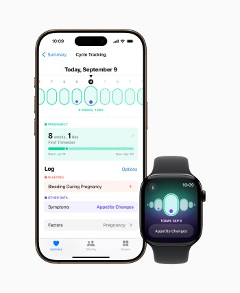 Po zadání těhotenství do aplikace Zdraví na iPhonu či iPadu začne funkce Sledování cyklu na Apple Watch zobrazovat fáze vývoje plodu a umožní uživatelům zaznamenávat běžné příznaky těhotenství pro lepší přehled o jejich zdravotním stavu.