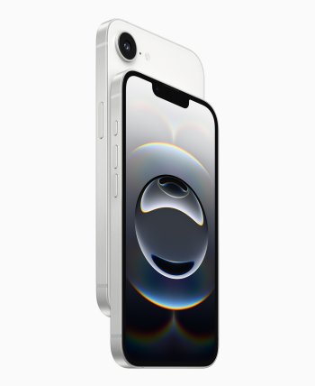 Detailní pohled na iPhone 16e, který představuje nejdostupnější volbu v řadě iPhone 16.