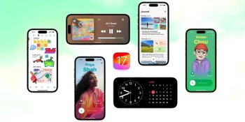 Ukázka možností iOS 17 na iPhone 15: kalendář, hudební přehrávač, standby režim a další inovativní prvky.