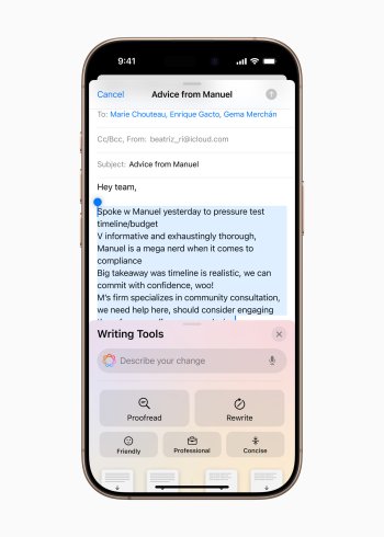 Apple Intelligence přináší nové možnosti vylepšení psaného textu a zjednodušení komunikace. S nástroji Writing Tools mohou uživatelé snadno přepisovat, kontrolovat a shrnovat text v aplikacích jako Mail, Poznámky, Pages či aplikacích třetích stran.