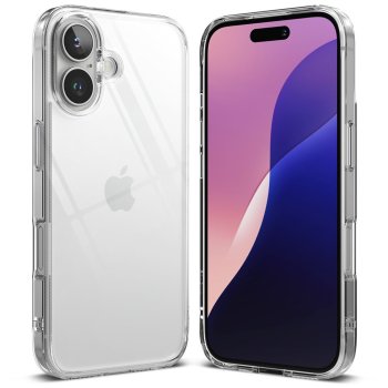 Představení iPhone 16 nebo iPhone 16 Plus v ochranném krytu Ringke Fusion. Tento obrázek ukazuje nový design iPhonu 16 s vertikálně zarovnanými kamerami a čistým průhledným krytem, který nabízí dokonalou ochranu a zároveň zachovává původní estetiku z