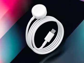 Nabíjecí kabel pro Apple Watch s bílým magnetickým konektorem a USB-C konektorem na moderním barevném pozadí.