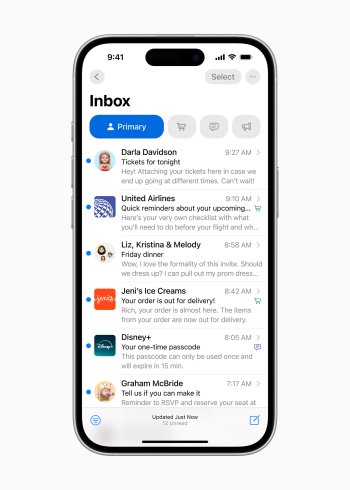 Aplikace Mail v iOS 18 nabízí nové možnosti správy e-mailů, které automaticky třídí zprávy do kategorií jako Primární, Nákupy, Aktualizace a Reklamy pro lepší přehlednost.