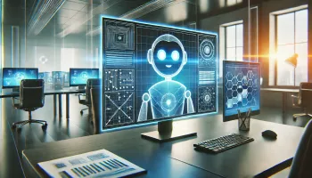 Moderní kancelářské prostředí s počítačovou obrazovkou zobrazující rozhraní chatbotu, symbolizující technologii umělé inteligence. Obrázek představuje pokročilou digitální komunikaci a interakci.