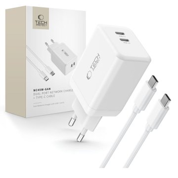 Nabíječka Tech-Protect NC45W-GAN 2-Port PD45W bílá + USB-C kabel